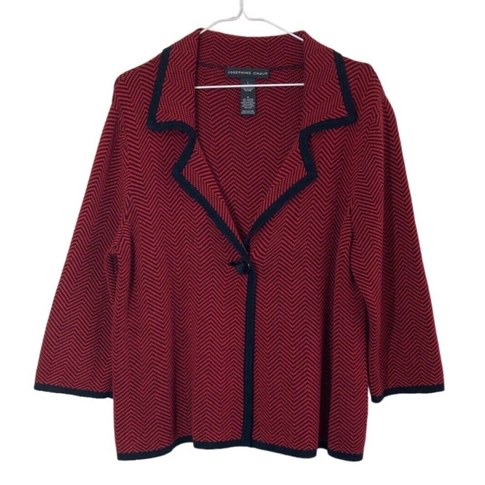 Vtg Josephine Chaus Womens Cardigan L Sweater Red Black ClassicCore Retro